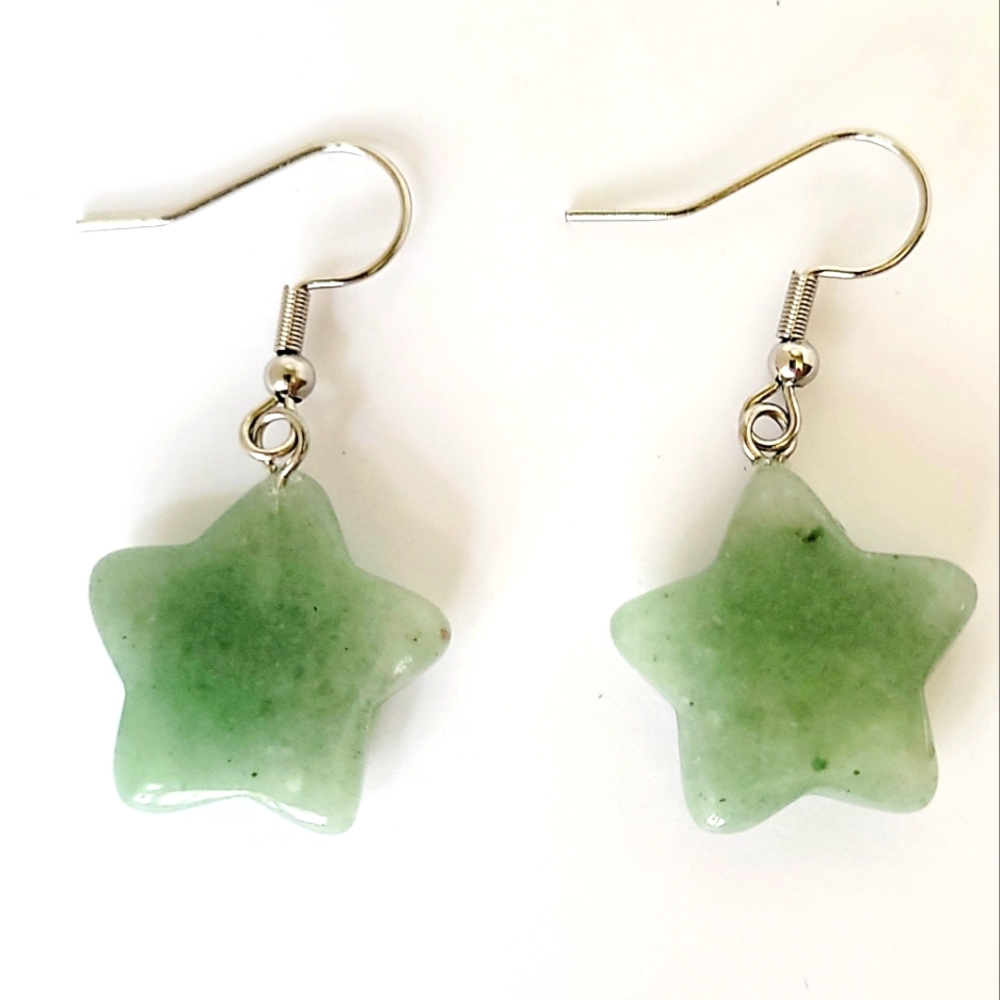 Green Aventurine Star Shaped, Drop Earrings in Stainless Steel